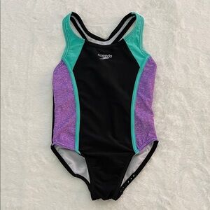 Speedo Black Teal Purple Girls' One-Piece Swim Suit SZ XS  6